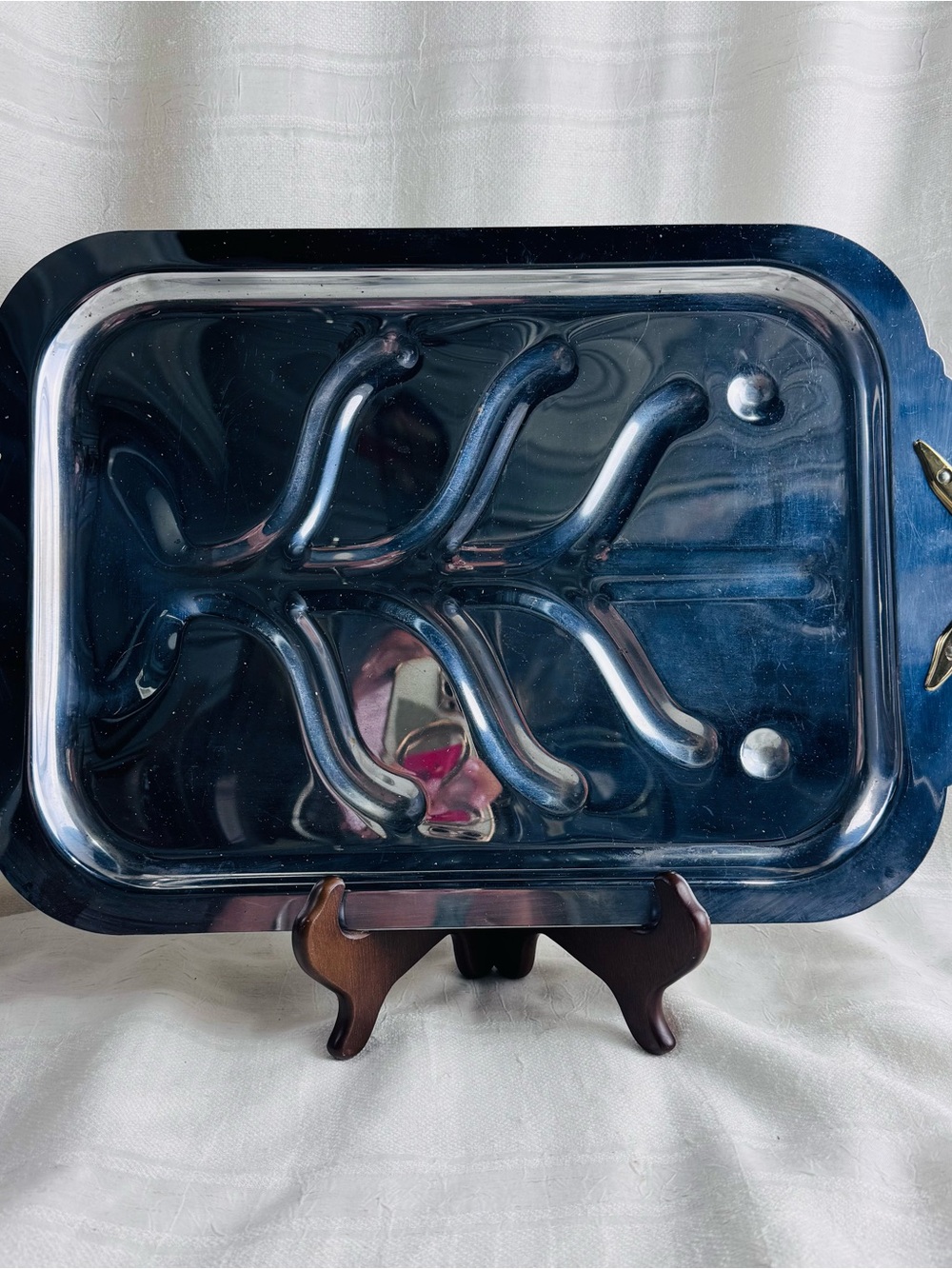 VTG MCM Stainless Steel Meat Platter Tree & Well Serving Tray X Brass Handles